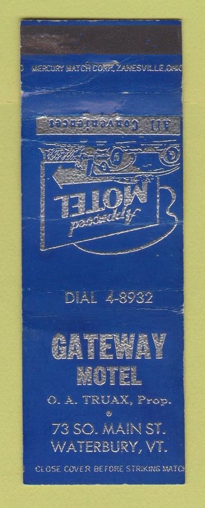 Matchbook Cover - Gateway Motel Waterbury VT WORN