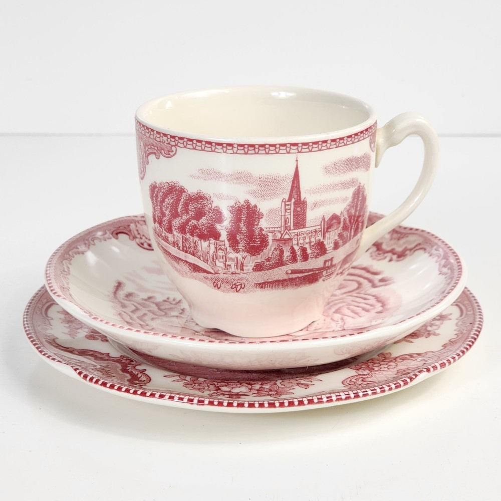 3 Piece Set Johnson Bros Old Britain Castles Red Pink Cup Saucer Transferware