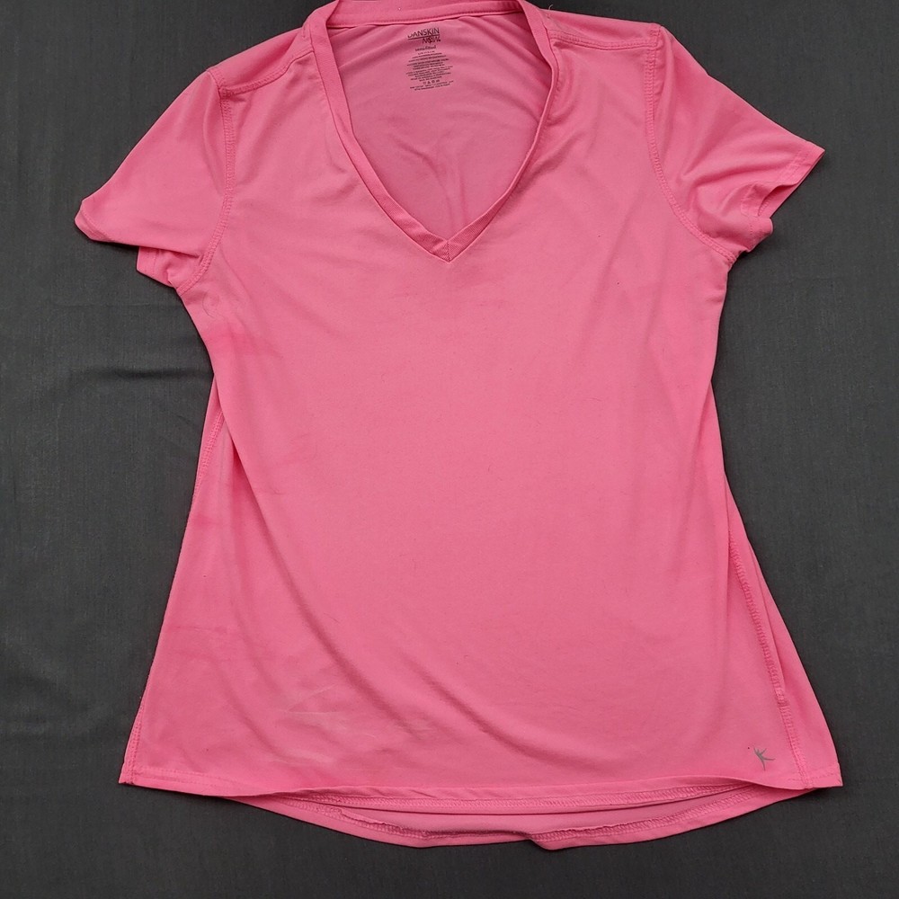 Danskin Now Shirt Womens Large L Short Sleeve Athletic V Neck Semi Fitted Pink *