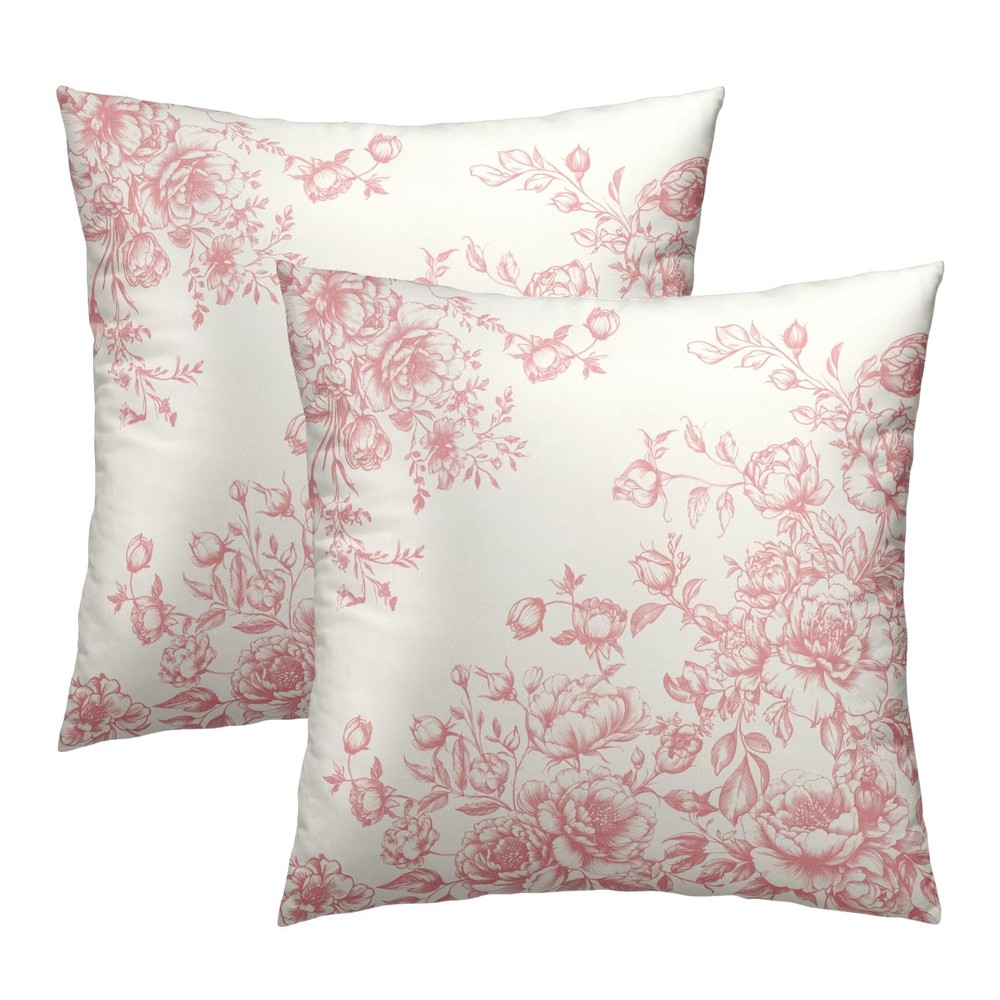 Pink Floral Throw Pillow Covers 18x18 Set of 2, Vintage Flowers Leaves Spring...
