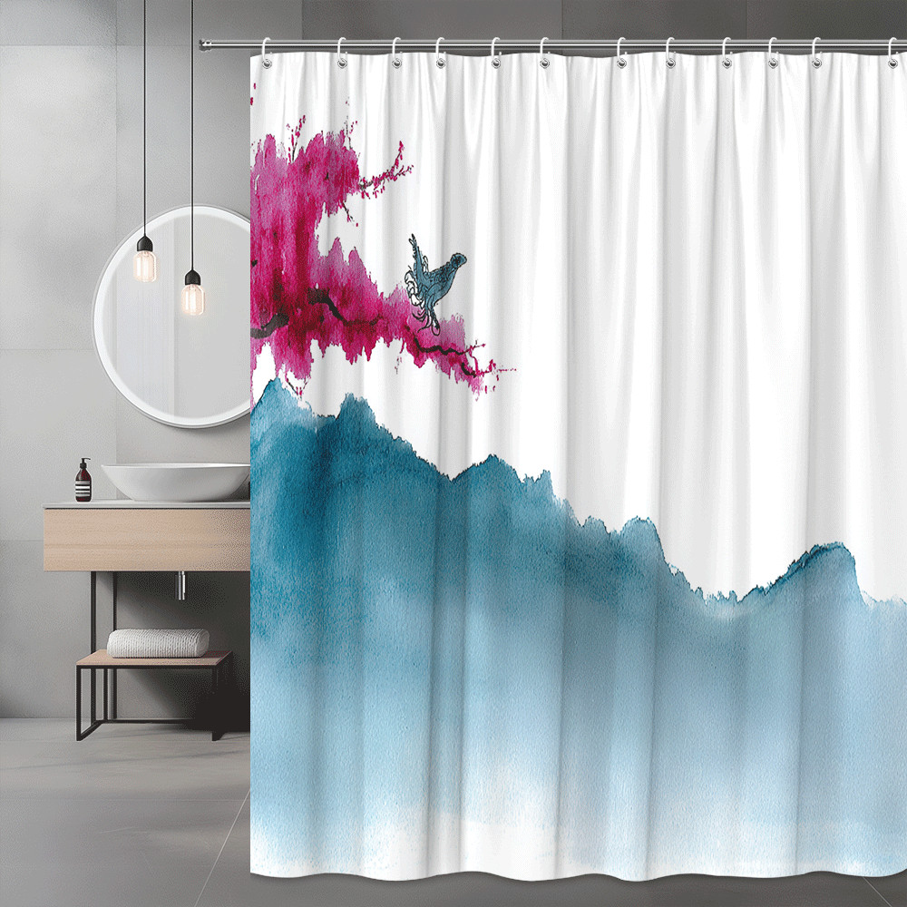 Abstract Blue Pink Bird Shower Curtain Watercolor Art