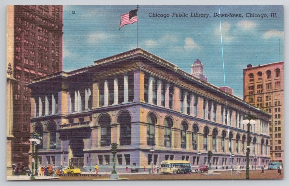 Vintage Chicago Public Library Linen Postcard - Downtown Illinois Landmark