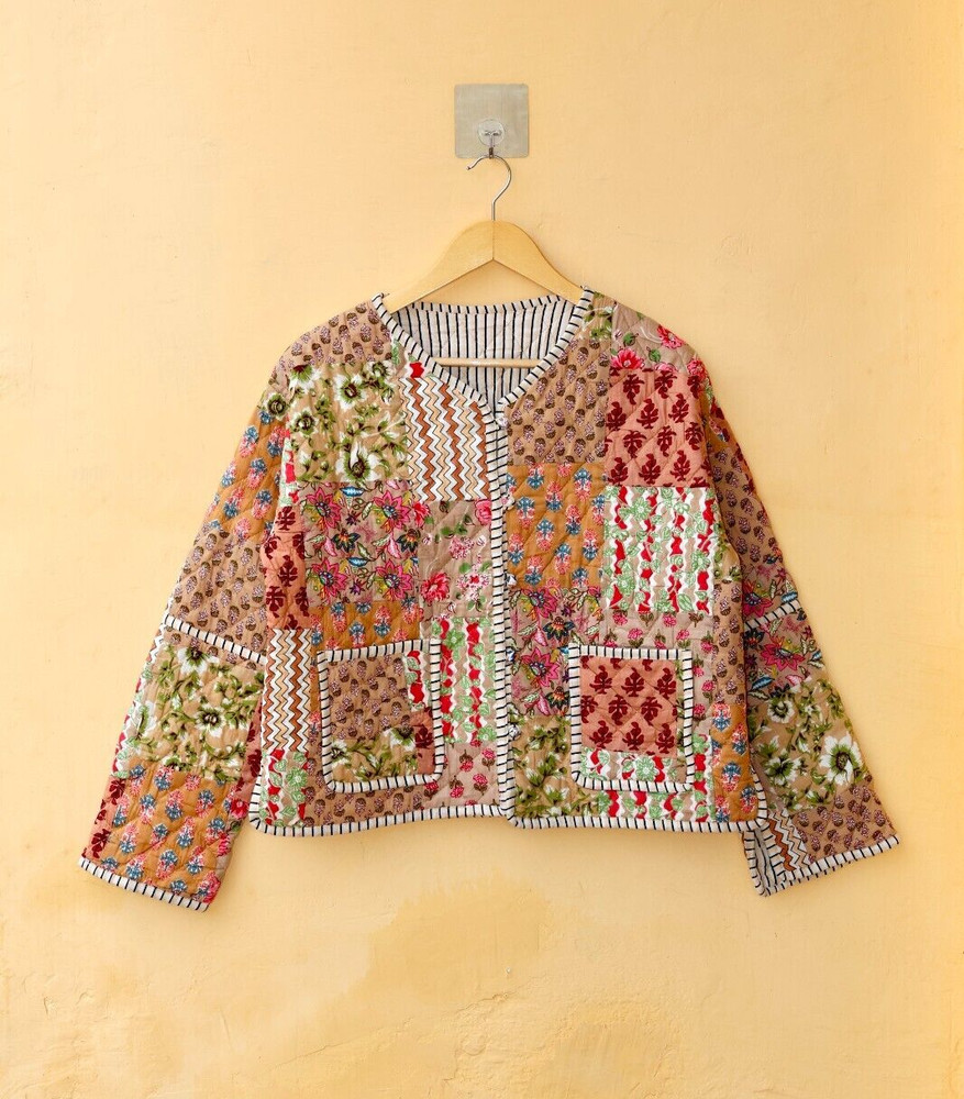 Handmade Cotton Quilted Jacket Patchwork Kimono Style Kantha Women's Boho Coat