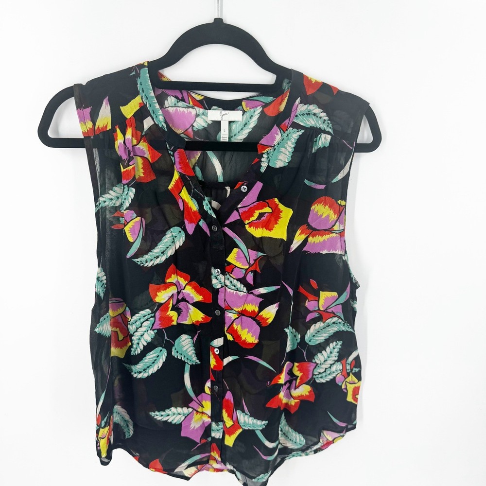 Joie Womens Black Tropical Floral 100% Silk Sleeveless Blouse Top Large