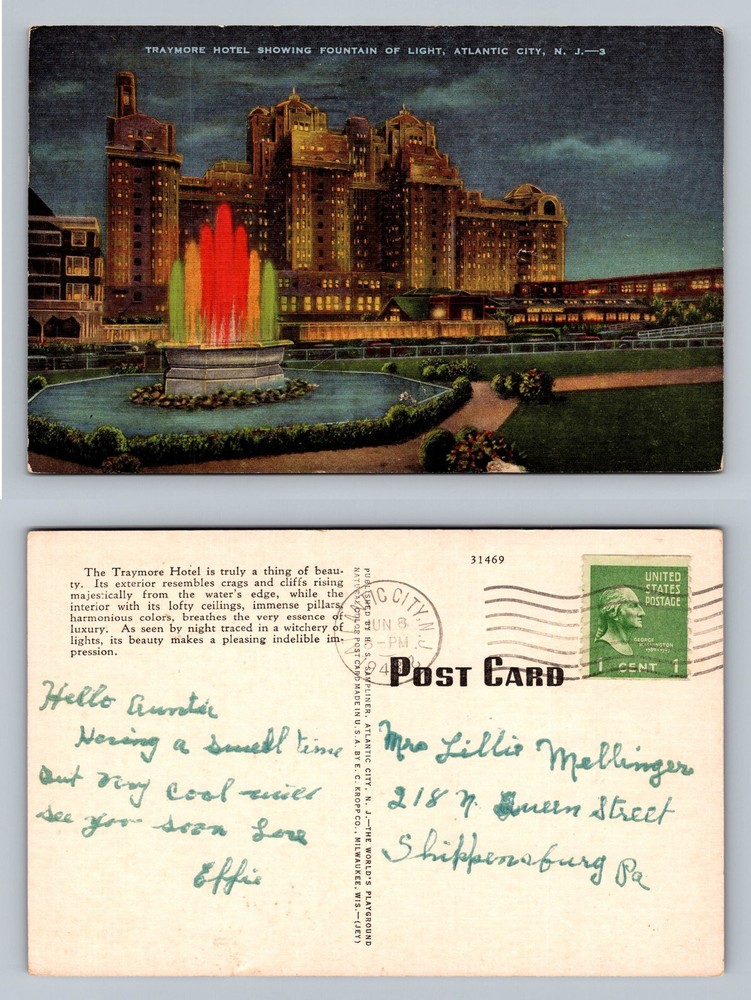 Atlantic City, NJ-New Jersey, Traymore Hotel Light PC Vintage c1945 Postcard