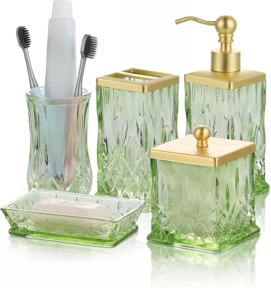 Glass Bathroom Accessories Set - Luxury 5 Pc Accessory Pink