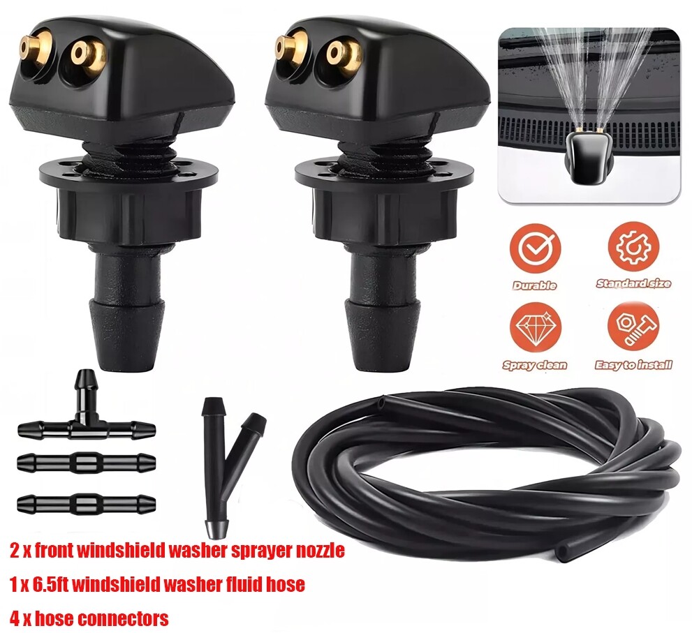2x Front Windshield Washer Nozzles Wiper Water Spray Jet + 6.5ft Hose Connector
