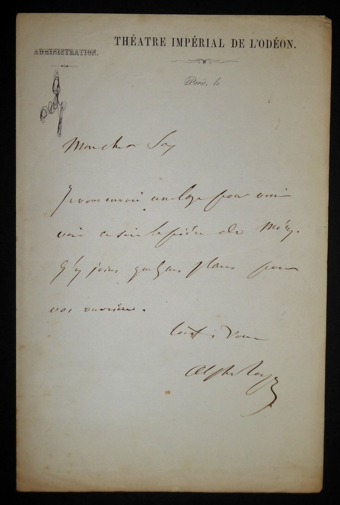 ROYER Alphonse - SIGNED AUTOGRAPH LETTER, IMPERIAL THEATRE ODEON, PARIS