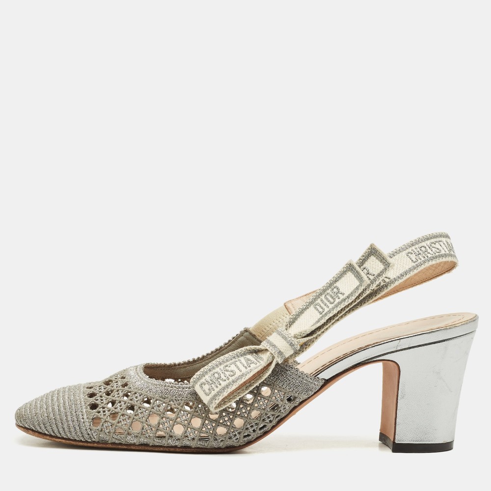 Dior Silver Moi Block Heel Slingback Sandals in Leather Size 39.5