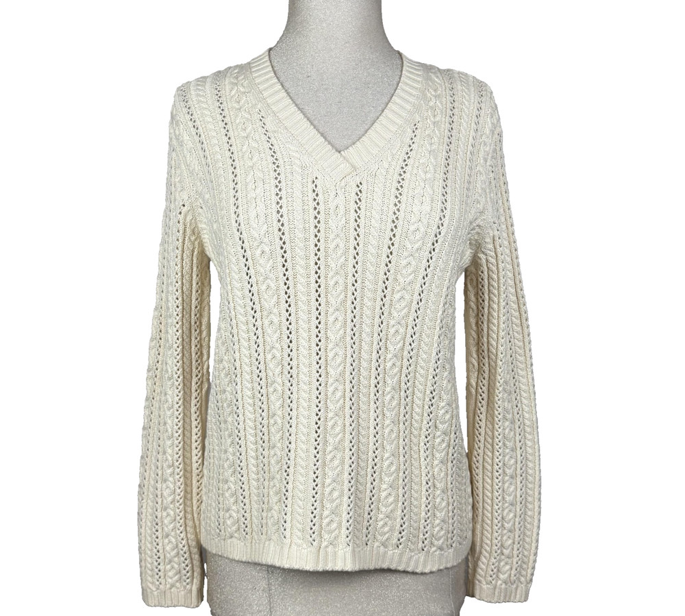 Ralph Lauren Sweater Womens M Cream Cable Knit Old Money Quiet Luxury Preppy Ivy