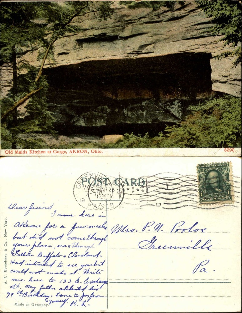 Old Maids Kitchen at Gorge Akron OH Ohio mailed 1908 vintage postcard