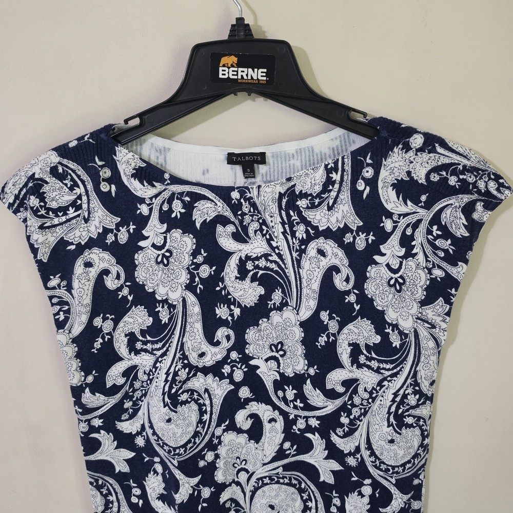 Talbots Women's Small Paisley Top Boat Neck Stretch Ribbed Hem
