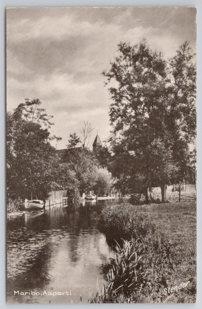 Maribo Denmark Canal Church Boats RPPC Postcard Stenders Forlag Vintage
