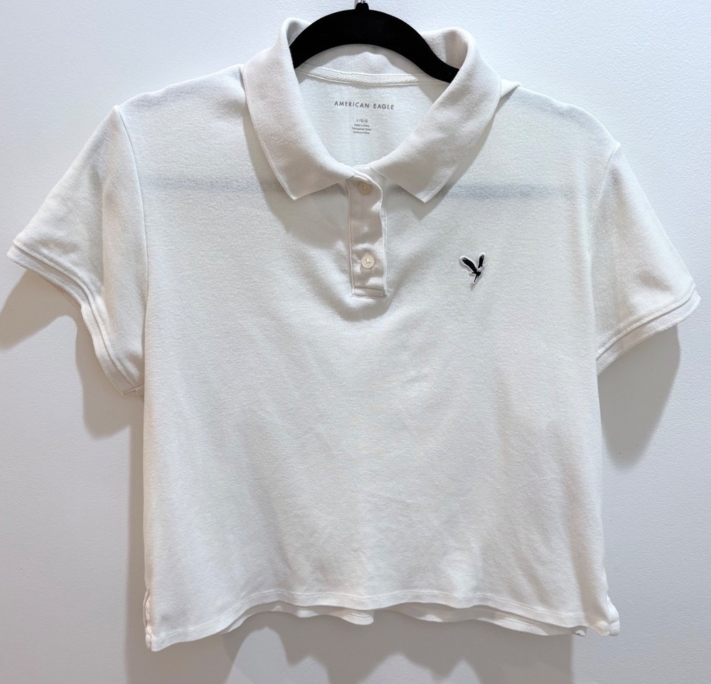 American Eagle Women’s White Polo Short Sleeve Large Cropped/Short Y2K Preppy