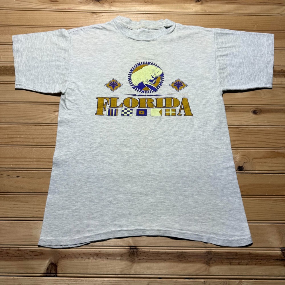 Vintage 90s Florida Manatee Marine Life Flags Graphic Souvenir T-Shirt - Medium
