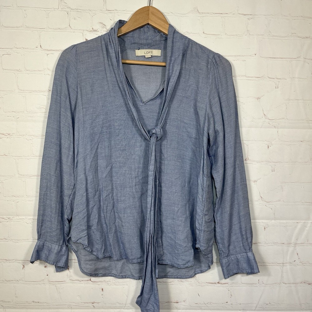 Loft Linen Blend Top Blouse Womens Size XS Blue Tie Front Long Sleeve V Neck