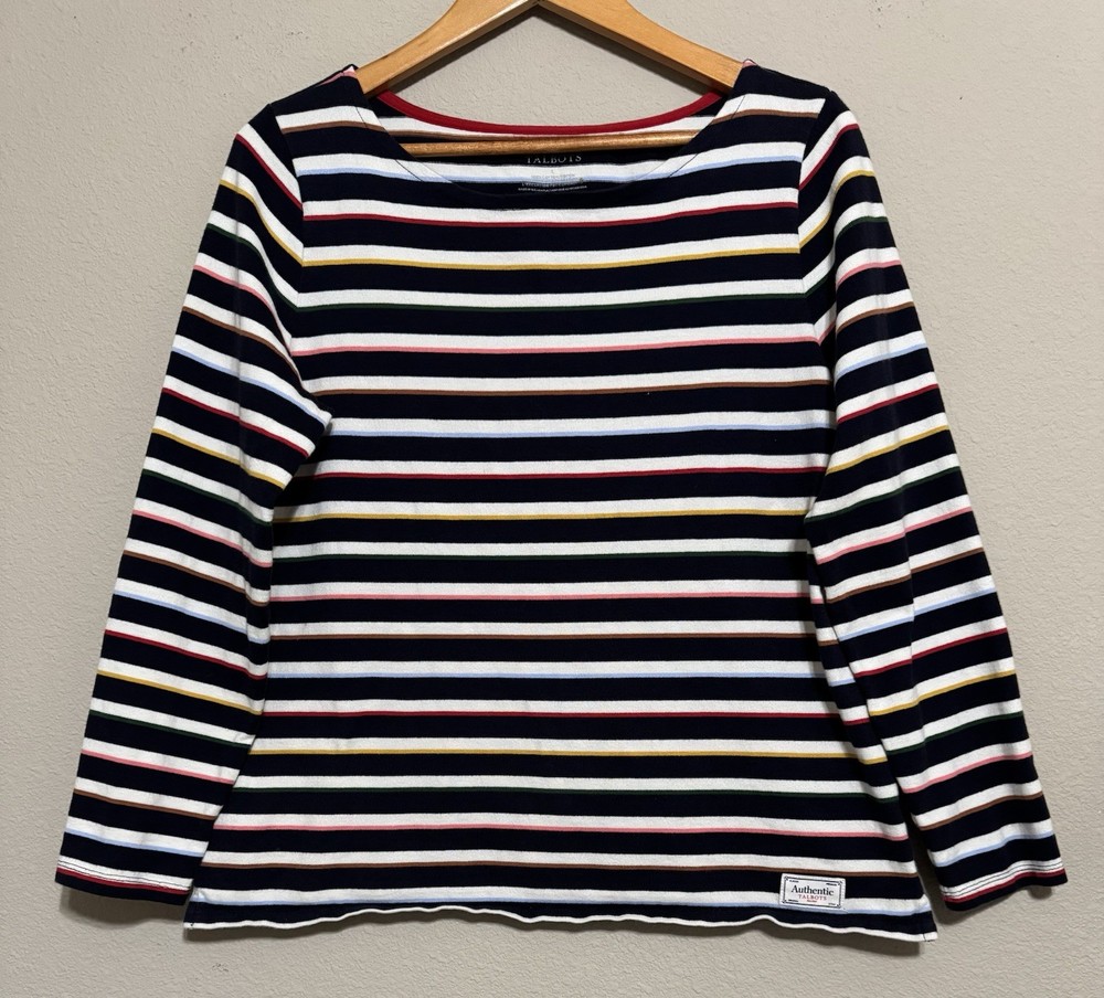 Authentic TALBOTS Tee Ashford Stripe Sz L Colorblock 3/4 Sleeve Bateau Neck Top