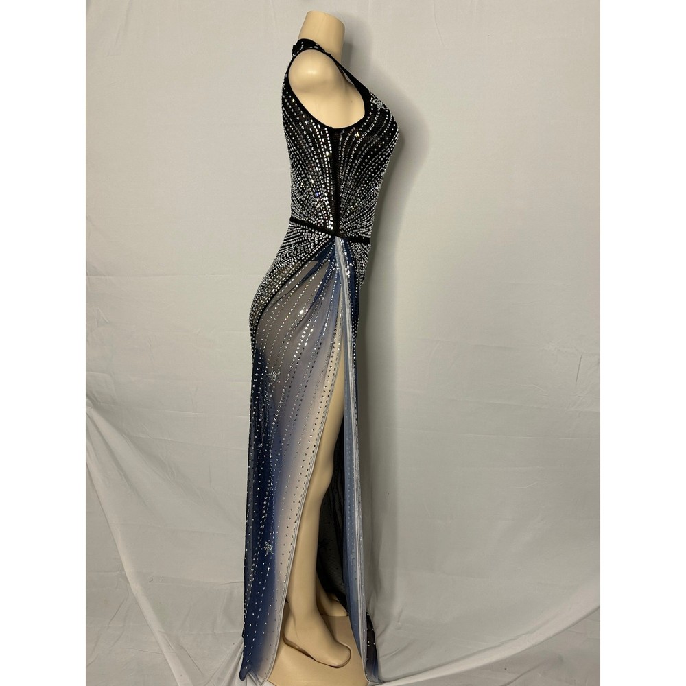✨ Crystal Star Black Mesh Gown with Blue Ombré Sheer Panel (XS / Stretch)