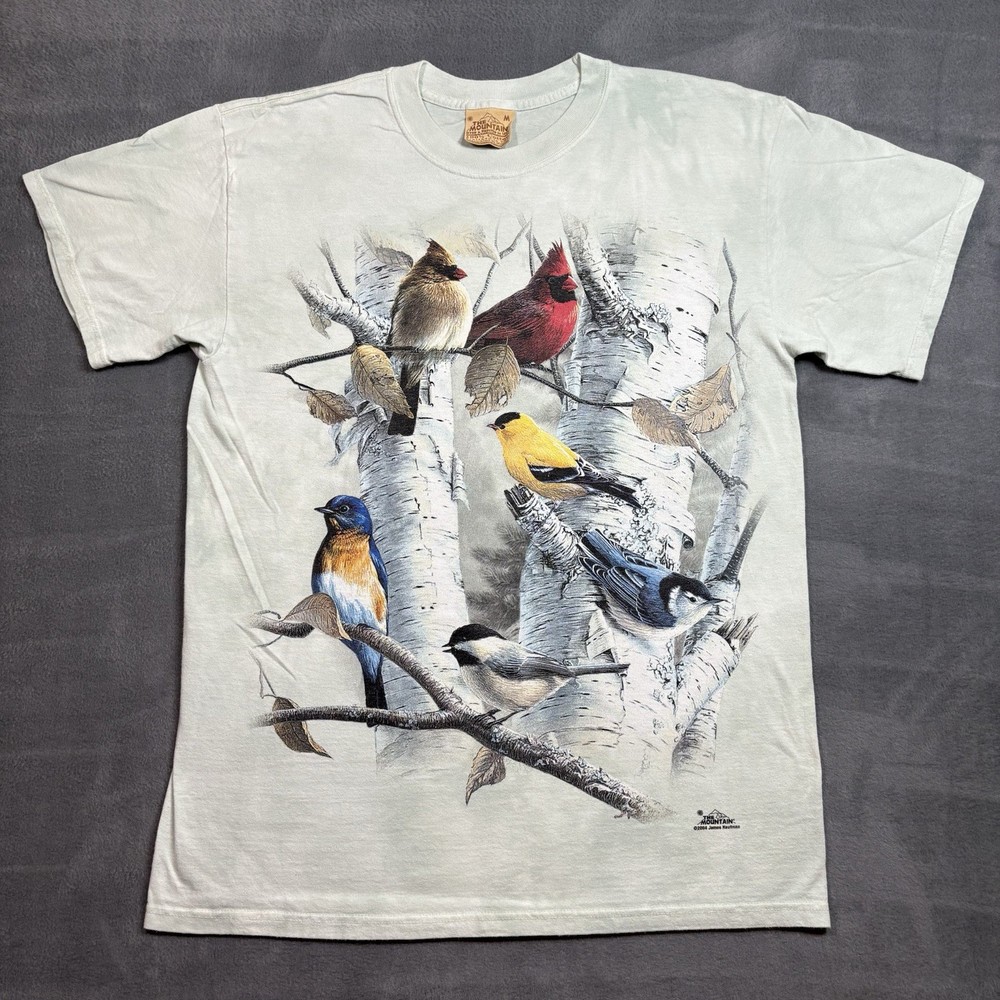 Vintage The Mountain Birds Nature Shirt Men's Medium White Tie Dye Y2K 2004 USA