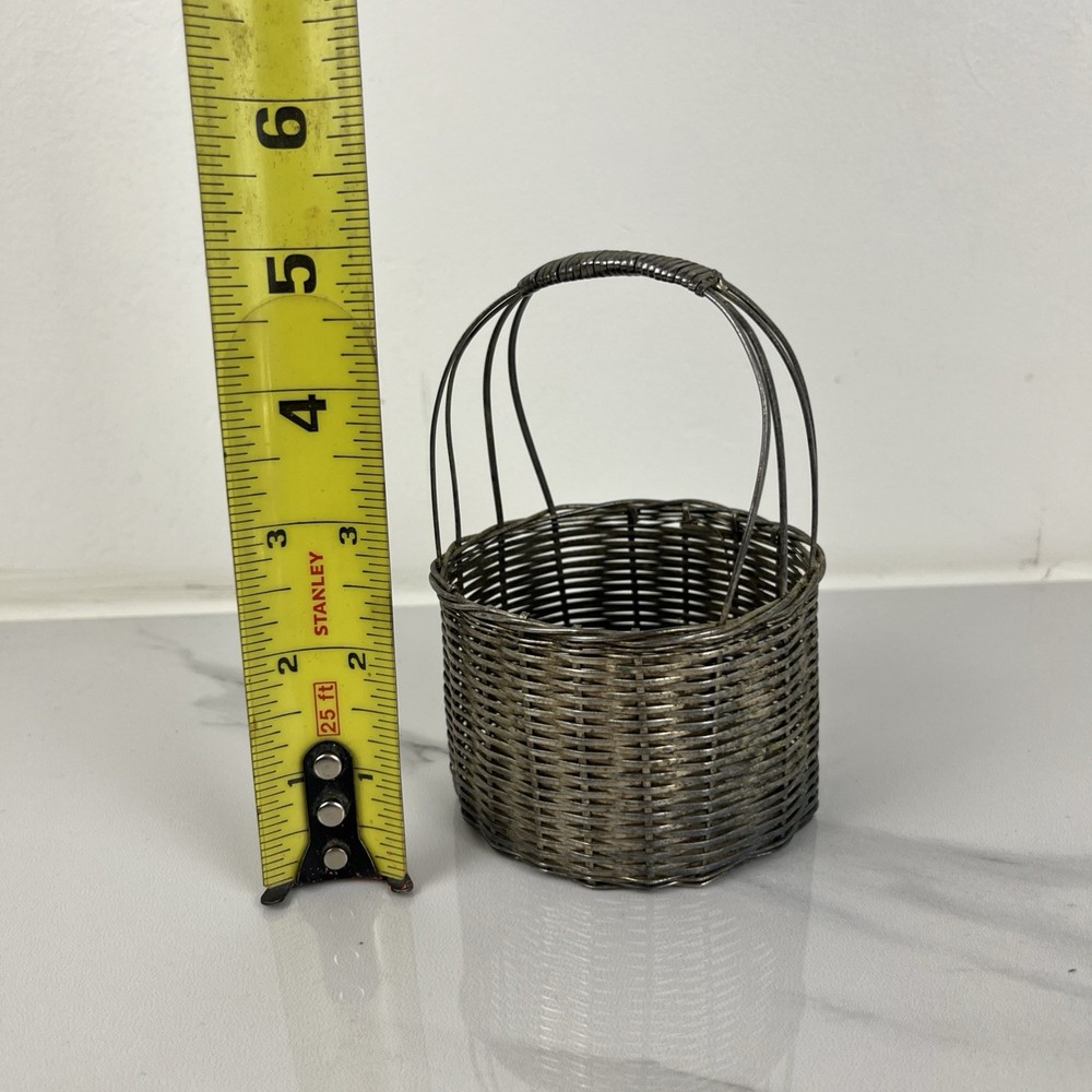 Vintage Mini Silver Tone Metal Mini Small Woven Basket Handle Decore 5