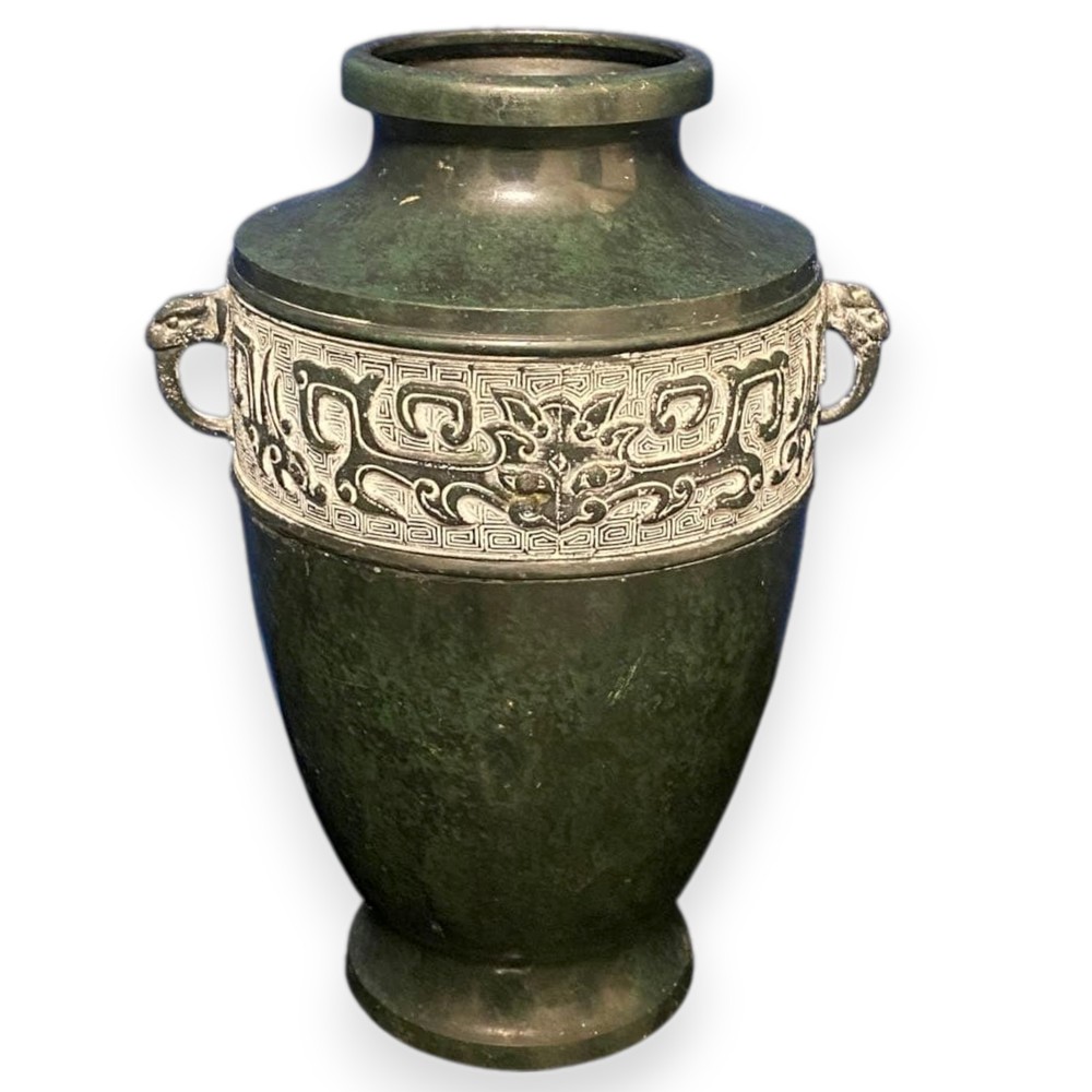 Japanese Bronze Vase Vintage Metal Flower Jar Vessel Sculpture Shishi Lion 8.3in