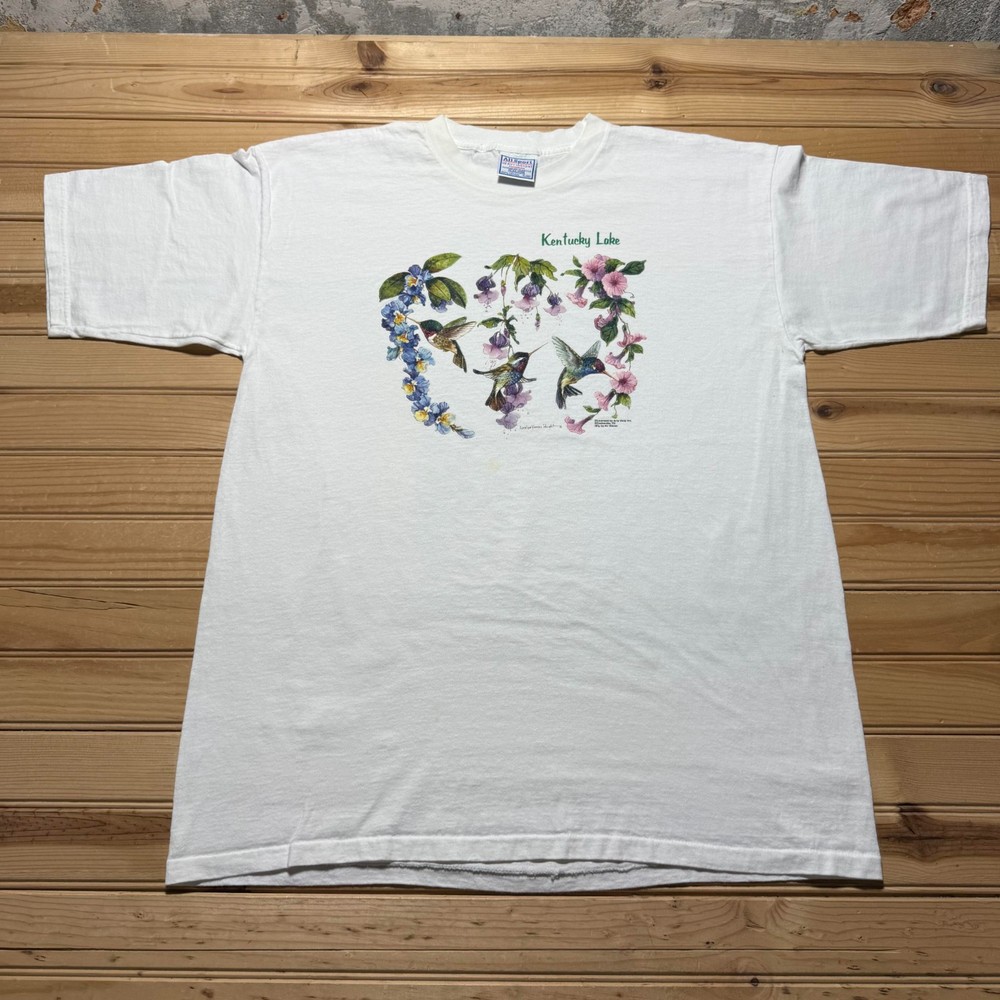 Vintage 90s Kentucky Lake Hummingbirds Flowers Nature Souvenir T-Shirt - Size XL