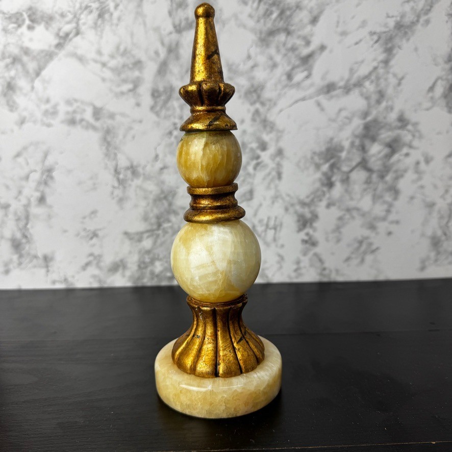 Vintage Gold Gilt Obelisk Finial Sculpture, Polished Onyx Stone Accent