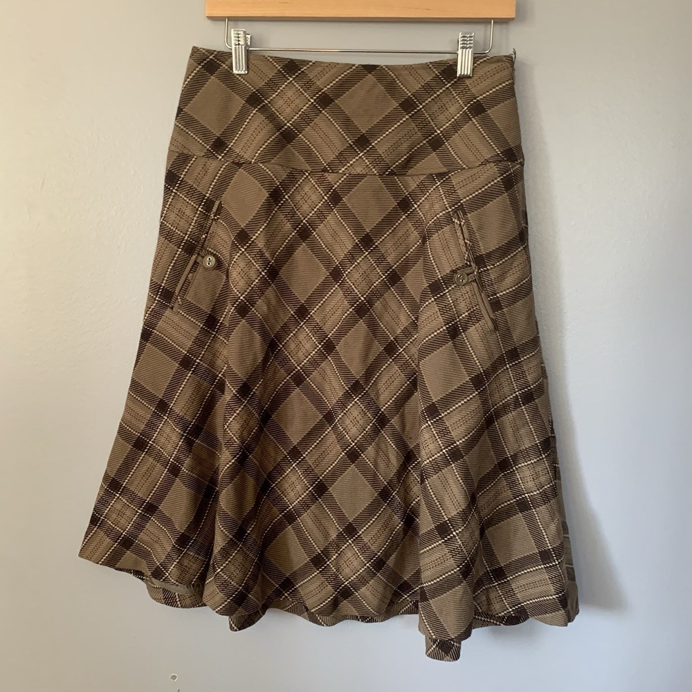 East 5th Skirt Women 8 Preppy Country Brown Plaid A-Line Midi Side Zip