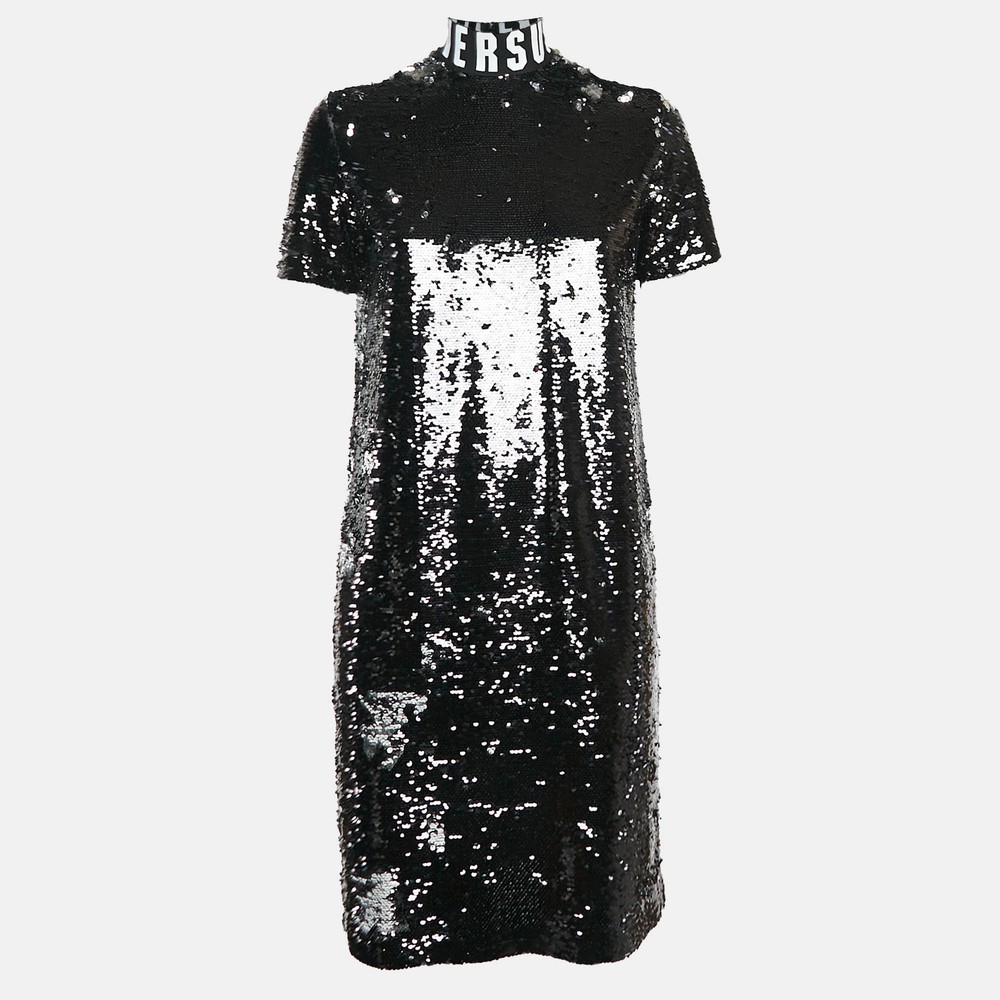Versus Versace Black Sequin Mesh Mini Dress with High Neck