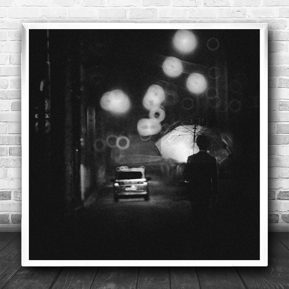 Man Umbrella Rain Mystery Street Night Umbrellas Car Grain Square Wall Art Print