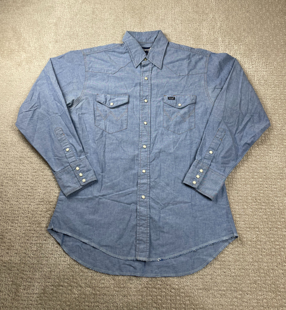 Vintage 80s Wrangler Denim Shirt Mens 16-34 Regular Fit Pearl Snap Western USA