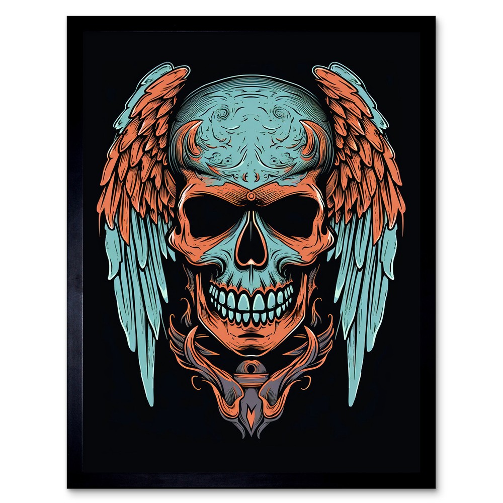 Skull Wings Old School USA Tattoo Rockabilly 50s Framed Print Wall Art 12x16