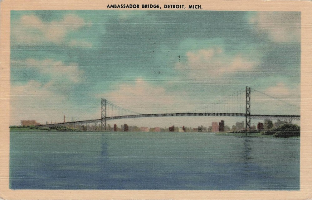 1940s Ambassador Bridge Detroit Michigan Stamped/Posted Linen Postcard