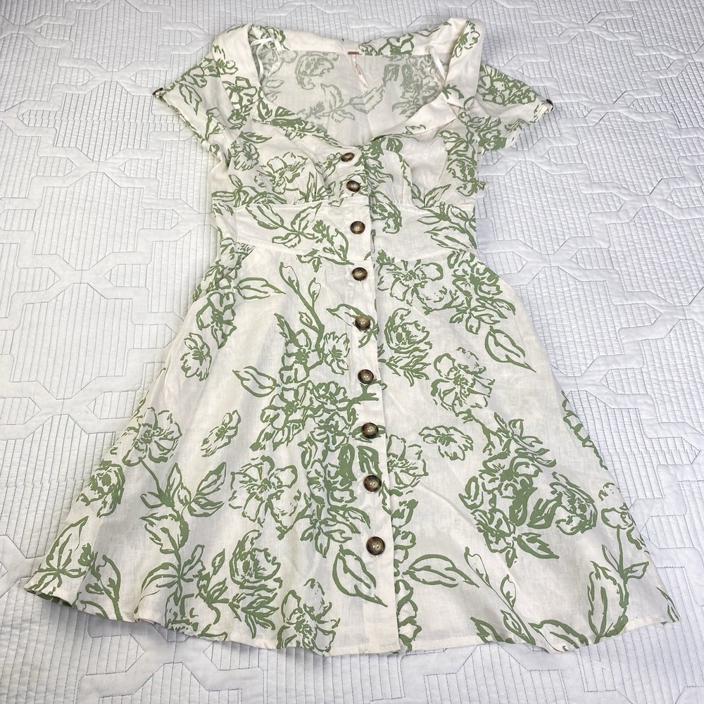 Free People A Thing Called Love Mini Dress Linen Blend Sz 6 Green Ivory Floral