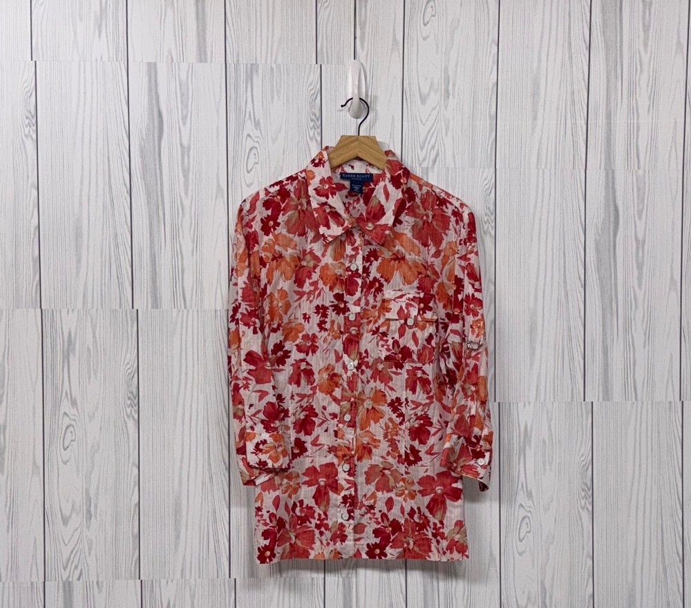 Karen Scott blouse womens size 1x button up long sleeve white floral top