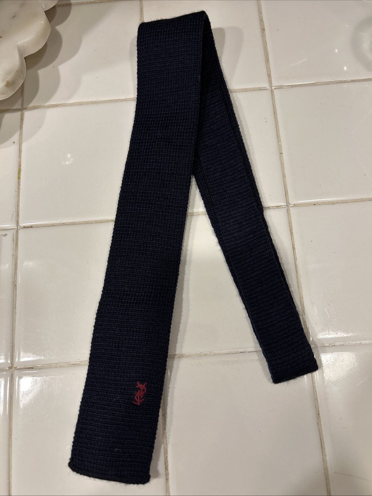 YSL Yves Saint Laurent Mens Knit Tie Square Tip Logo Vintage Blue Cotton 51x2 In