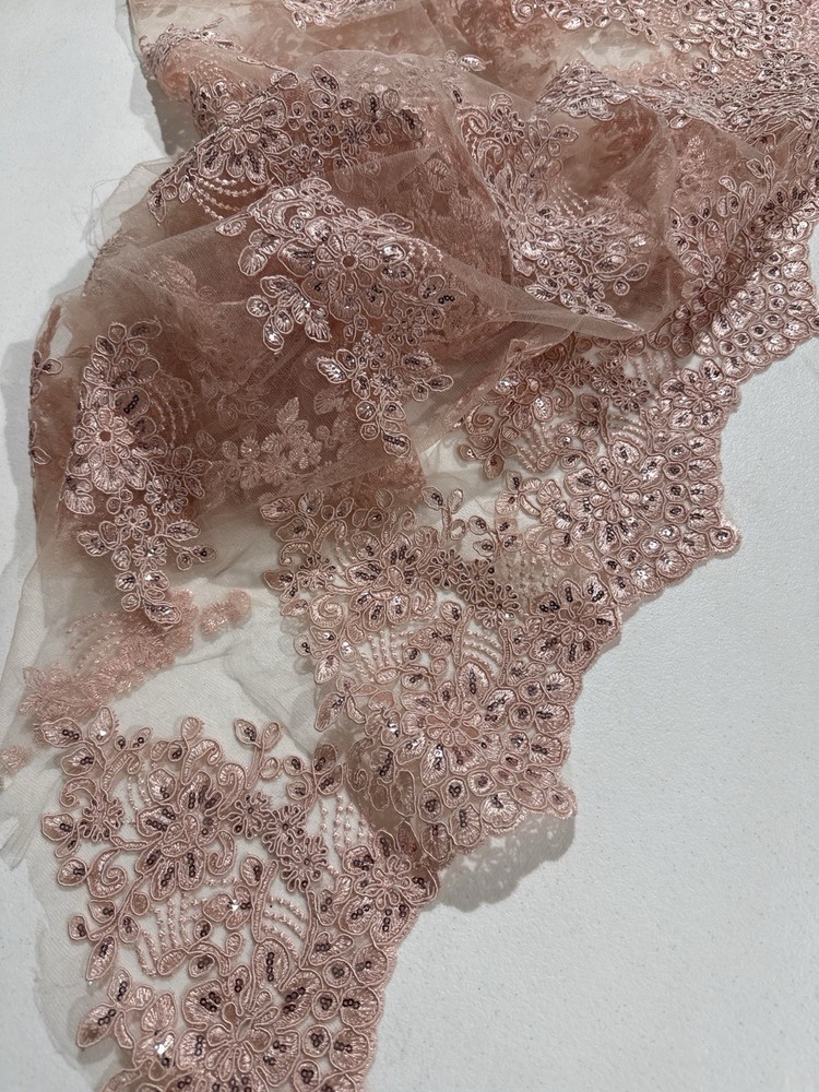 Blush Pink Embroidered Lace Fabric Sequin Floral Border Remnant 36x52