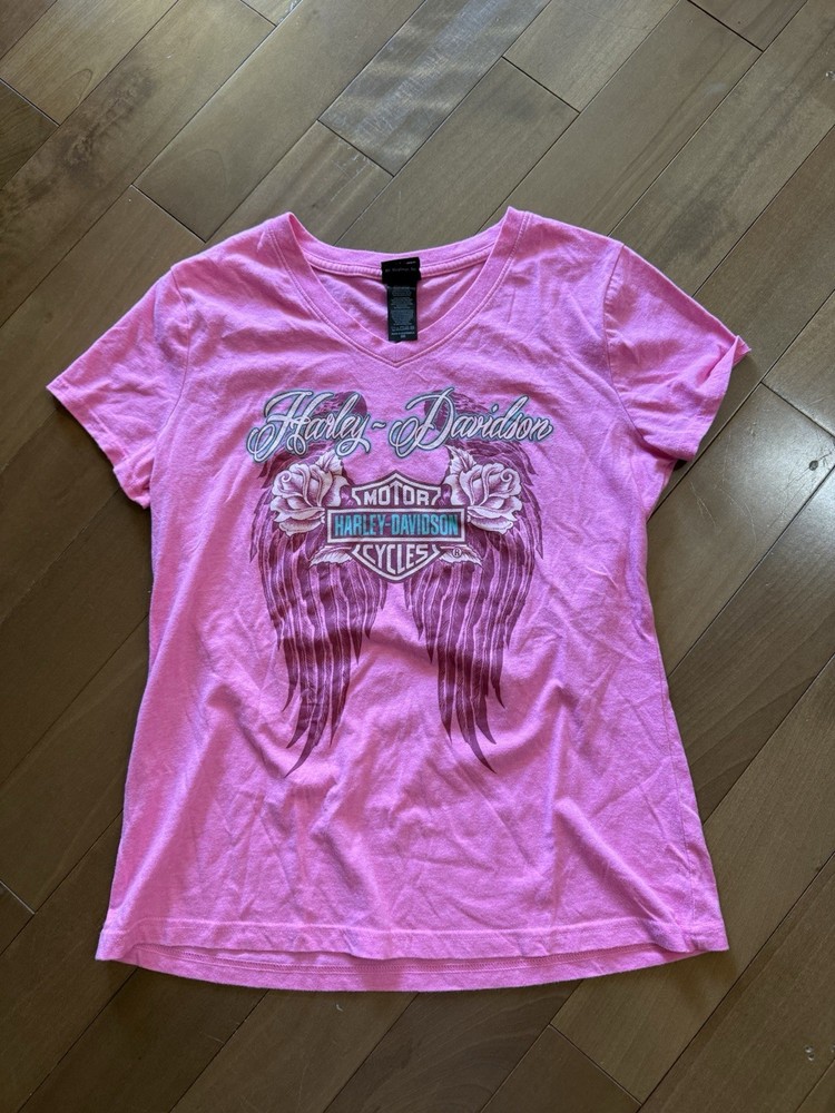 Harley Davidson Pink V Neck Graphic Tee Y2K Grunge Alt Women’s S