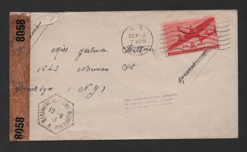 US SCOTT C25 1943 COVER US NAVY PRE RF USAGE BATTLESHIP RICHLIEU CENSORED TO NY