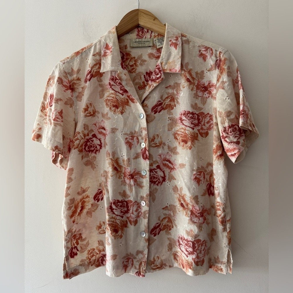 Vintage Lemon Grass Embroidered Floral Short Sleeve Button Down Top