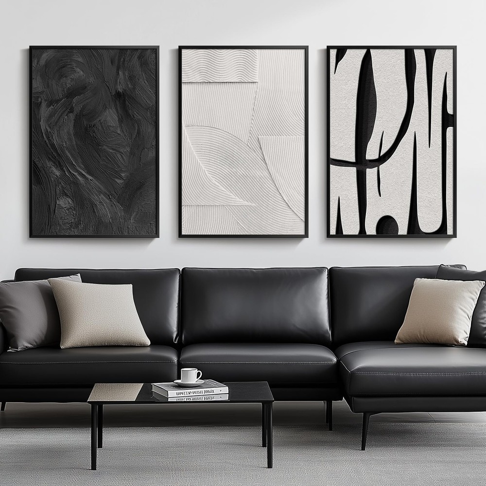 Black and White Abstract Wall Art for Living Room, Large Framed Canvas Black ...