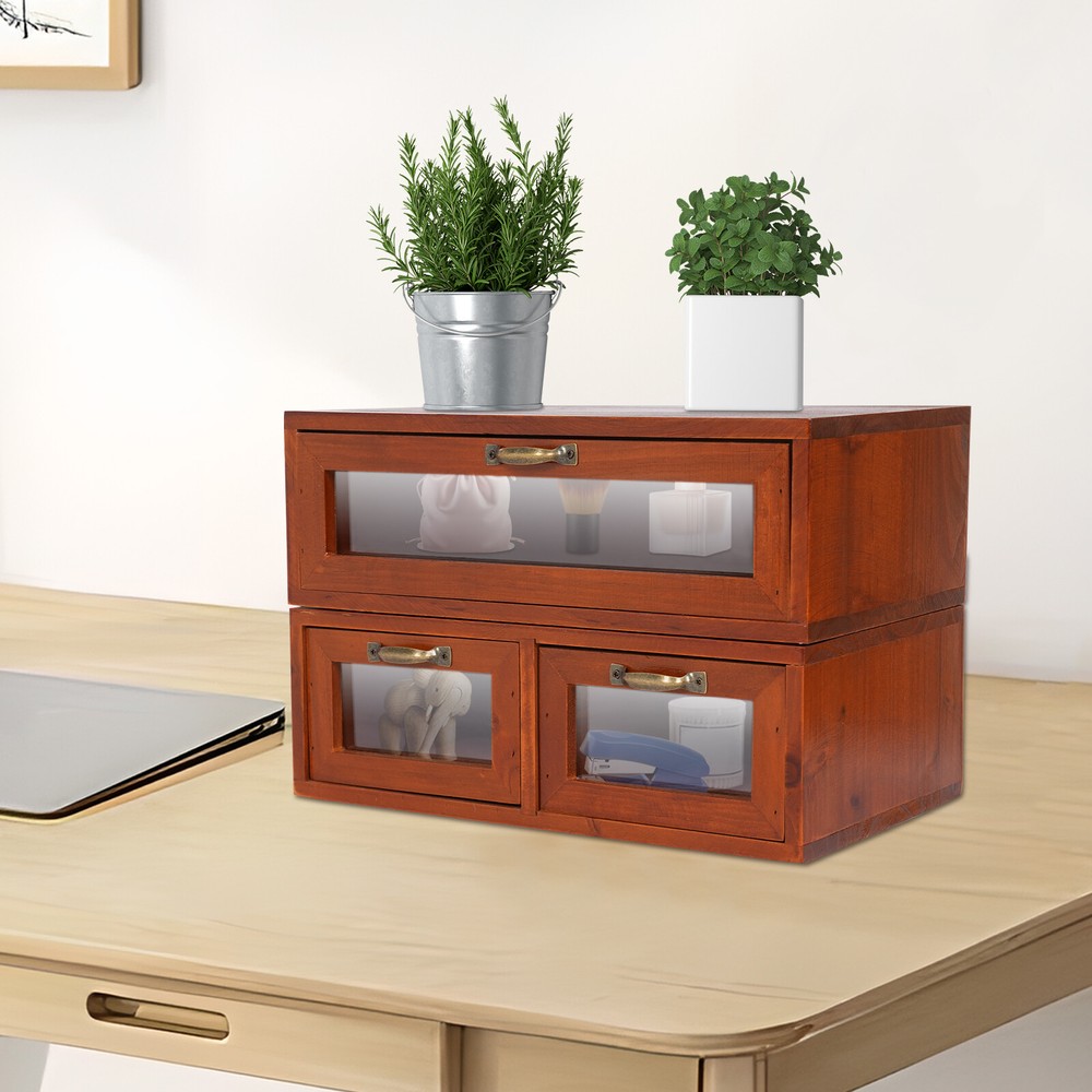 Vintage Desk Organizer Tabletop Storage Organization Box w/ 3 Drawers for Office