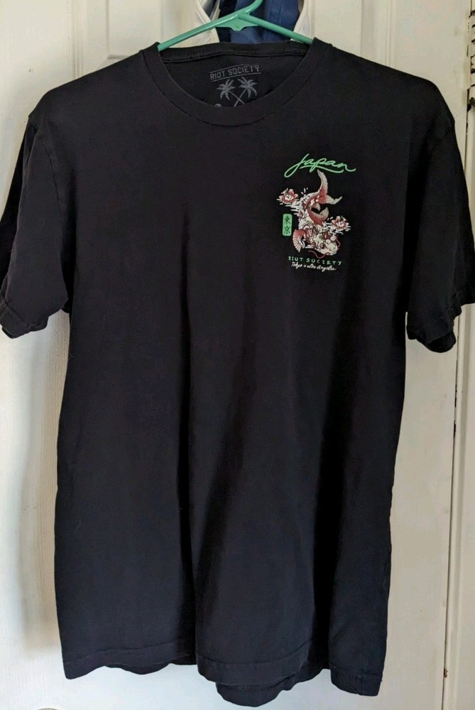 RIOT SOCIETY Tokyo Los Angeles koi fish  Cotton Men's t-shirt tee Size L Black