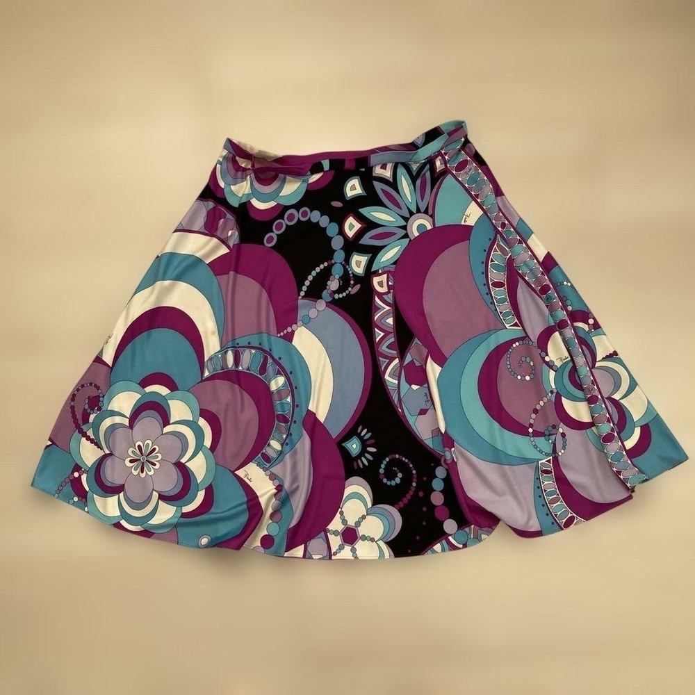 Emilio Pucci Luxury Silk Skirt Multi Pattern Abstract Design L from Japan