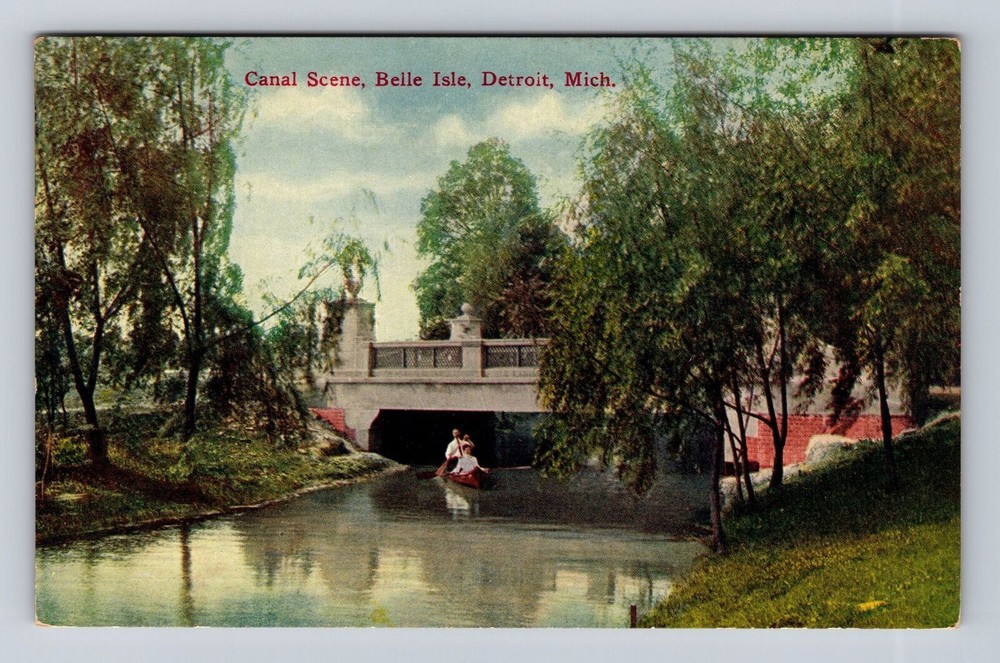 Detroit MI-Michigan, Canal Scene, Belle Isle, Antique, Vintage Souvenir Postcard