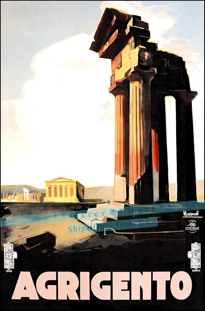 Agrigento 1928 Italy Ancient Ruins Vintage Poster Print Retro Style Wall Art