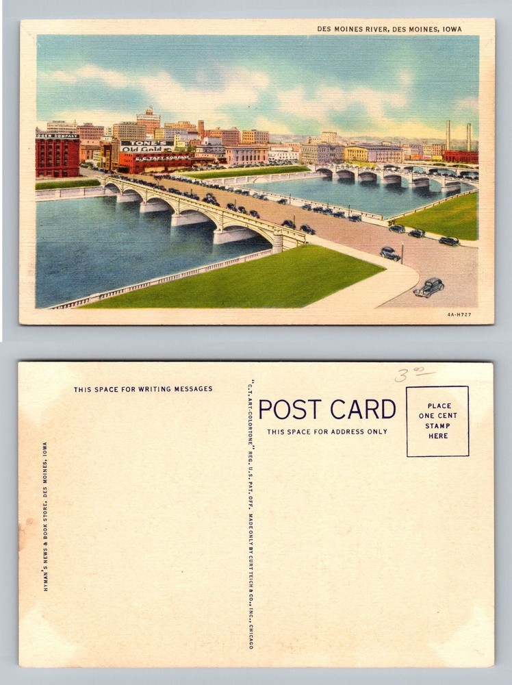 Des Moines, IA-Iowa, River Bridge City Skyline Vintage Postcard