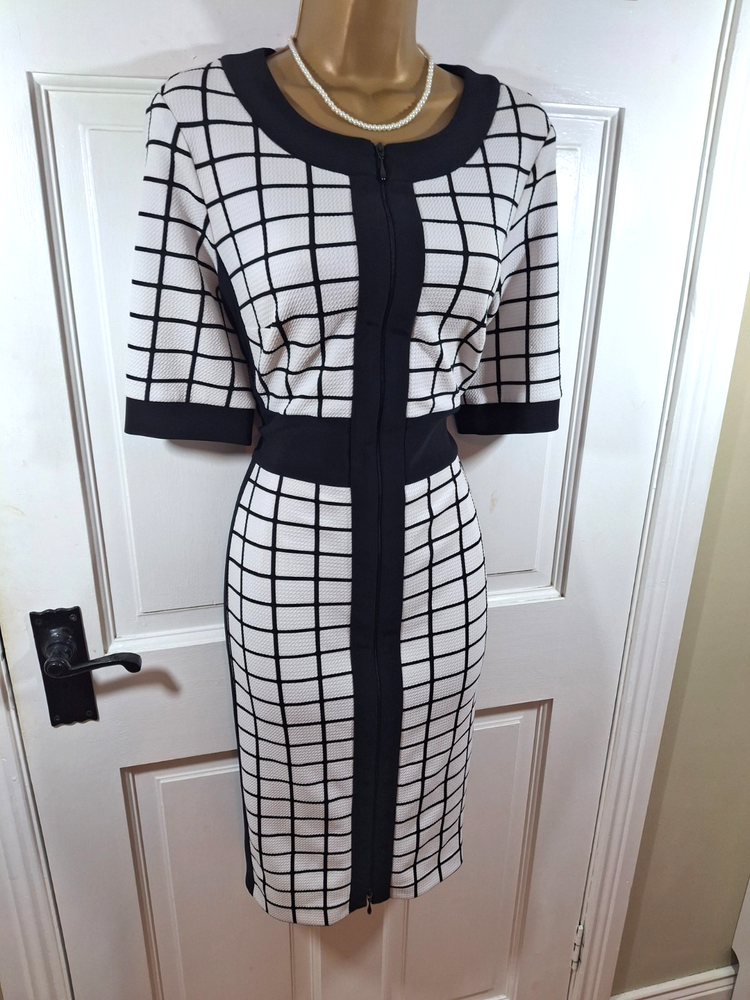 Joseph Ribkoff Black & White Check Zipped Lined Dress, UK 14, Perfect Condition