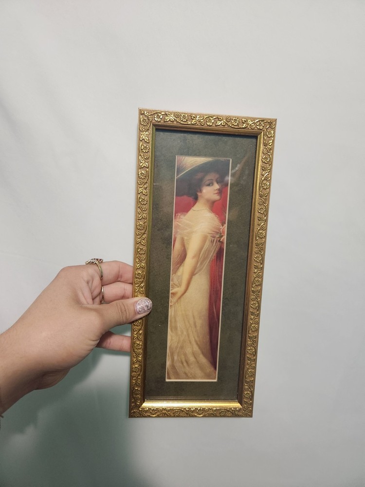 Gibson Girl Style VTG Print Lady W Hat Rectangle Gold Tone Ornate Floral Frame