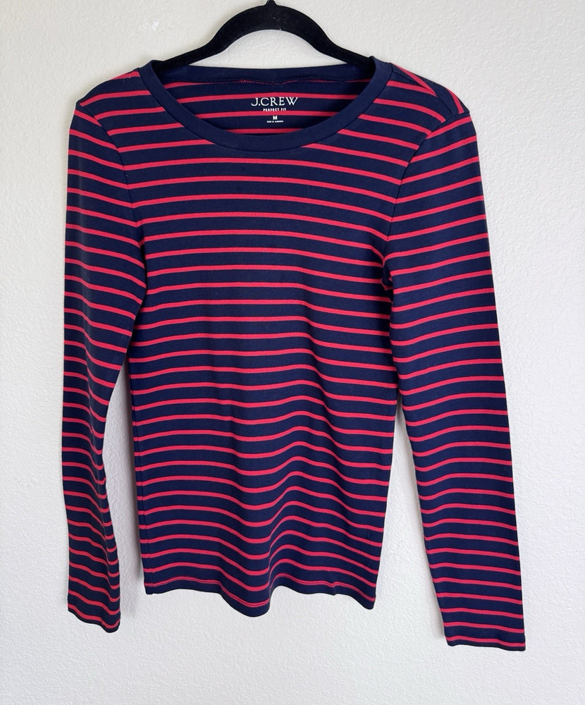 J.CREW Navy Red Striped Cotton Knit Perfect Fit Crew Neck Pullover T-Shirt M
